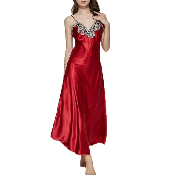 Liacowi Women's Satin Chemise Dress Silk Deep V-Neck Adjustable Strap Sleeveless Long Nightdress