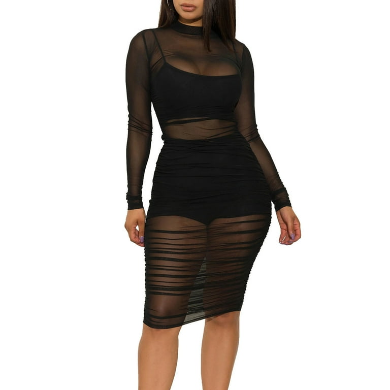 Sexy See-Through Mesh O Neck Long Sleeve Dresses(3 Colors) Sexy See-Through Mesh O Neck Long Sleeve Dresses(3 Colors)