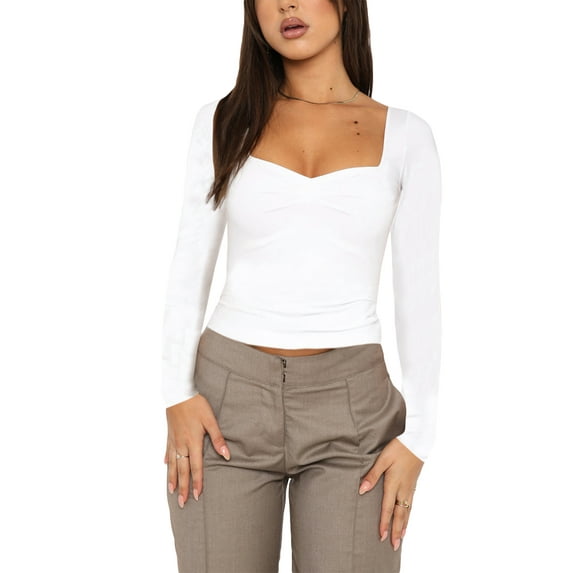 Liacowi Women's Slim Fit Crop Tops Casual Pleated Square Neck Long Sleeve Tight Tee Shirt Basic Streetwear