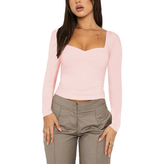 Liacowi Women's Slim Fit Crop Tops Casual Pleated Square Neck Long Sleeve Tight Tee Shirt Basic Streetwear