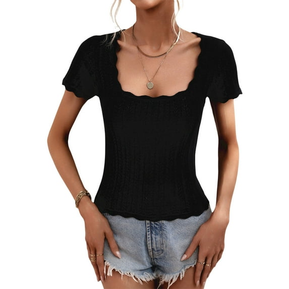 Liacowi Women's Slim Fit Crop Tops Casual Solid Color U-neck Short Sleeve Tee Shirt Basic Knitted Streetwear