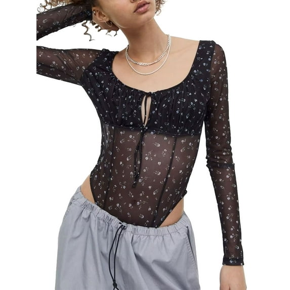 Liacowi Women's Slim Long Sleeve Bodysuit, Flower Print Scoop Neck Tie Cutout Front Sheer Triangle Jumpsuit for Beach Party