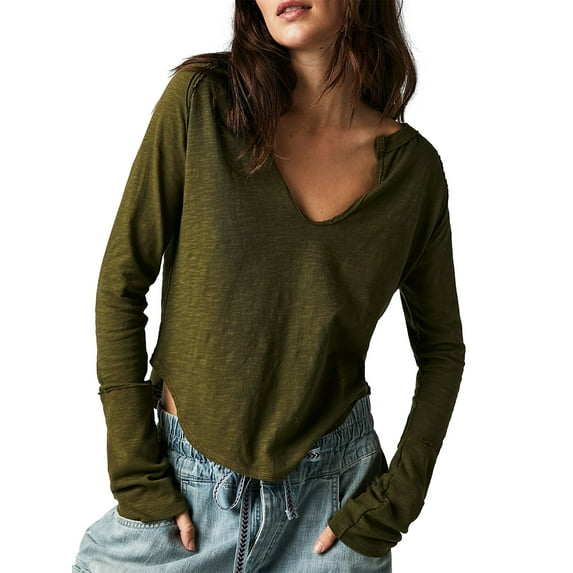 Liacowi Women's Spring Autumn Casual Crop Tops Solid Color U Neck Long Sleeve Loose Fit T-shirt for Teenager Girls