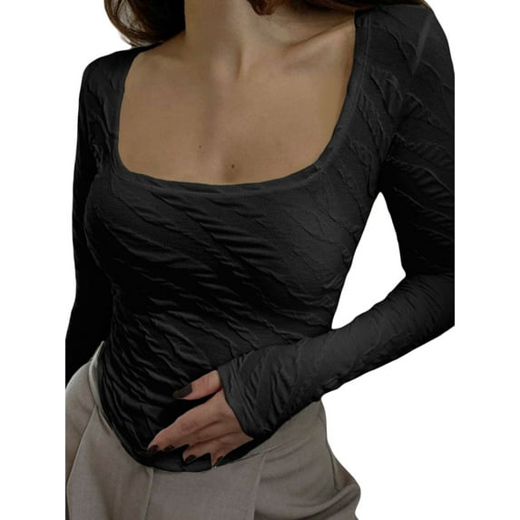 Liacowi Women's Spring Autumn Slim Crop Tops Solid Color Long Sleeve U Neck Irregular T-shirt