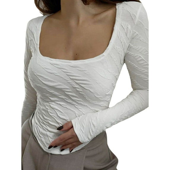 Liacowi Women's Spring Autumn Slim Crop Tops Solid Color Long Sleeve U Neck Irregular T-shirt
