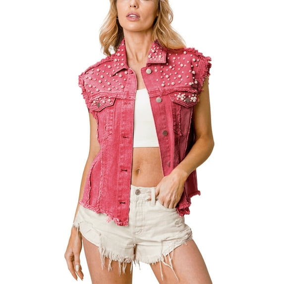 Liacowi Women's Summer Jean Vest Sleeveless Beading Pearls Button Down Denim Tops Streetwear Jean Jacket