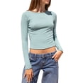 thumbnail image 1 of Liacowi Women’s Summer Slim Short T-Shirt, Solid Color Long-Sleeve Round Neck Slim Cropped Tops, 1 of 4