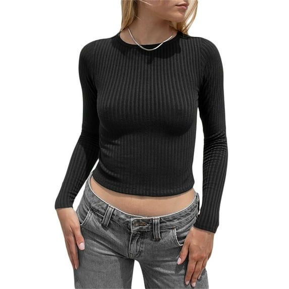 Liacowi Women’s Summer Slim Short T-Shirt, Solid Color Long-Sleeve Round Neck Slim Cropped Tops