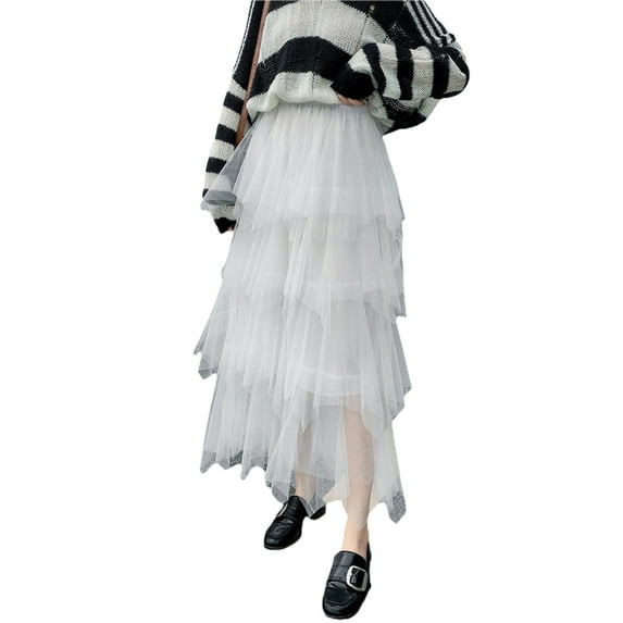 Liacowi Women's Tulle A-Line Skirt, Elastic High Waist Solid Color Ruffled Mid-Length Cake Skirt for Party
