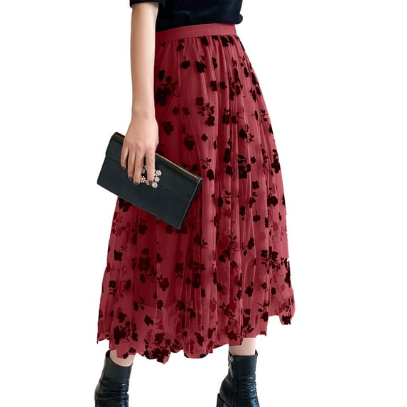 Liacowi Women’s Tulle Long Skirt Vintage High Waist Floral Print Midi A-line Skirt