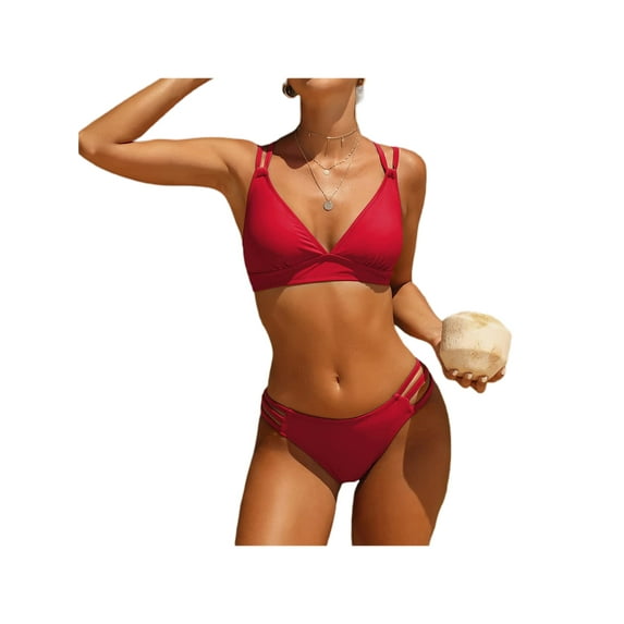 Liacowi Women's V Neck Bikini Set Double-strap Bra Triangle Swimsuit Strappy Bathing Suits 2 Piece Swimwear