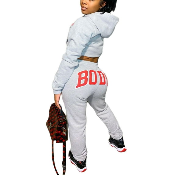 Liacowi Womens 2 Piece Outfits Tracksuits Hooded Crop Top Sweatshirt + Sweatpants Body Letter Printed Fall Winter Sweatsuits