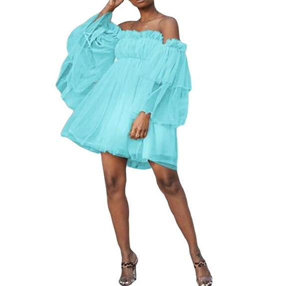 Liacowi Womens Puff Sleeve Tulle Dress Princess Mini Dress Square Neck Bubble Sleeve Mesh Ruffle Dress for Party Prom