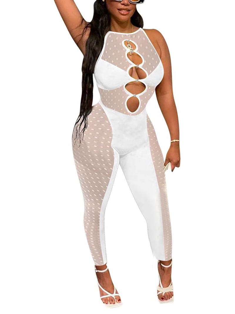 Liacowi Womens Sexy Mesh Pants Jumpsuit See Through Sleeveless Tank Bodycon  Romper Jumpsuit Clothes - Walmart.com