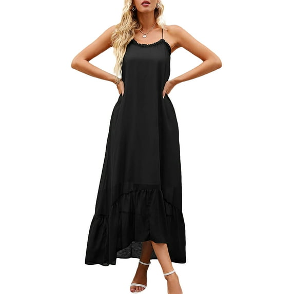 Liacowi Womens Summer High Low Ruffle Maxi Dress Spaghetti Strap Print Flowy Beach Long Dress