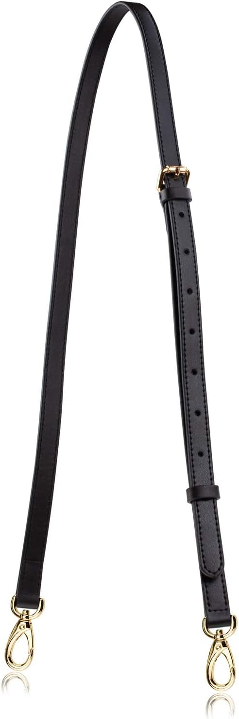 Black Genuine Leather Adjustable Crossbody Shoulder Strap with Gold Hardware