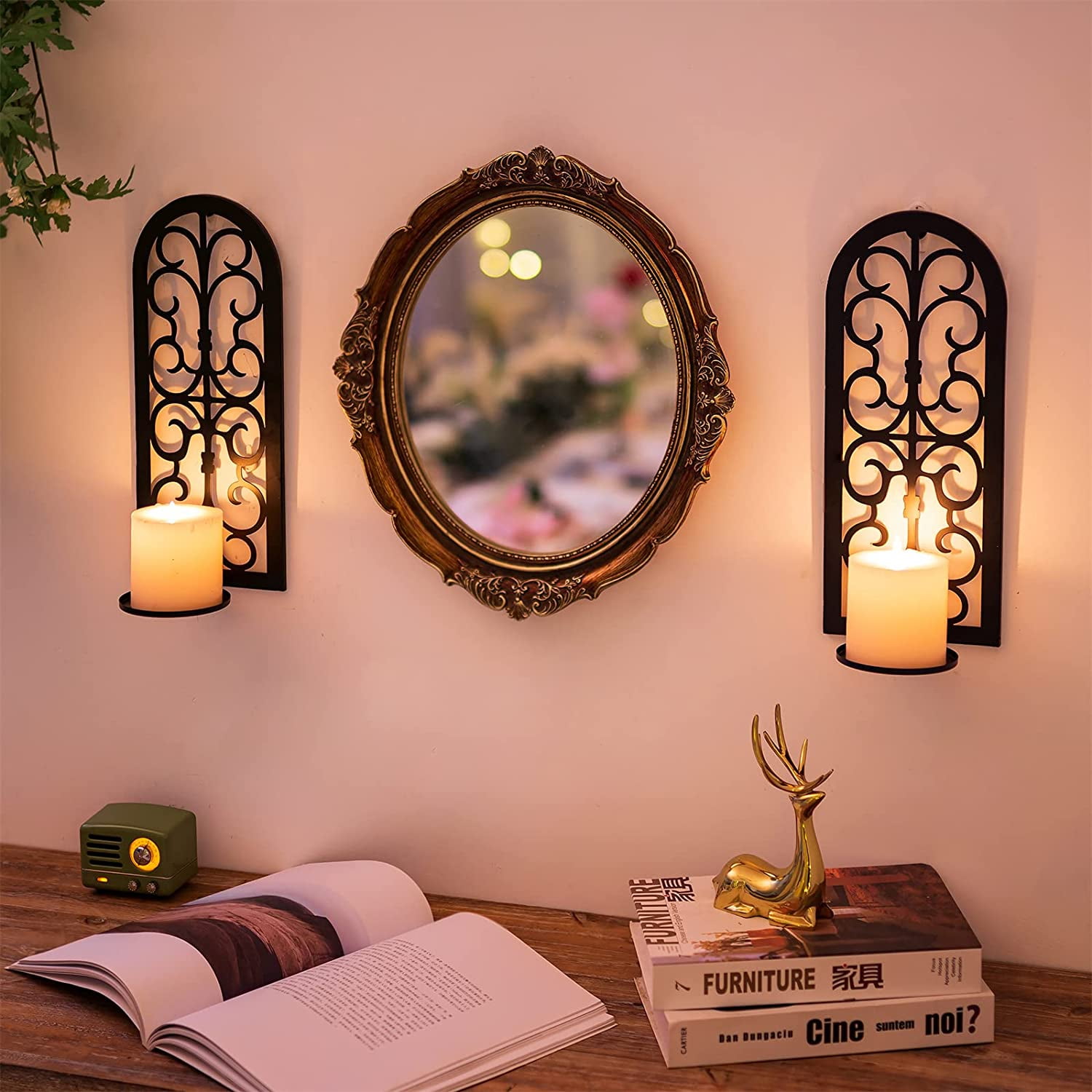 Black Metal Vintage Wall Mounted Candle Sconces Set of 2