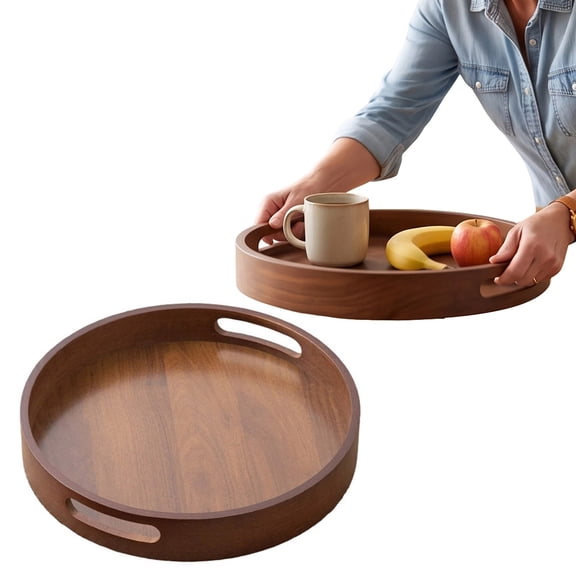 Liaiai 12 inch Round Serving Wooden Tray with Handles, Decorative Ottoman Tray Serving for Serving Beverages & Food on Bar Living Room Home Dining Table,Brown