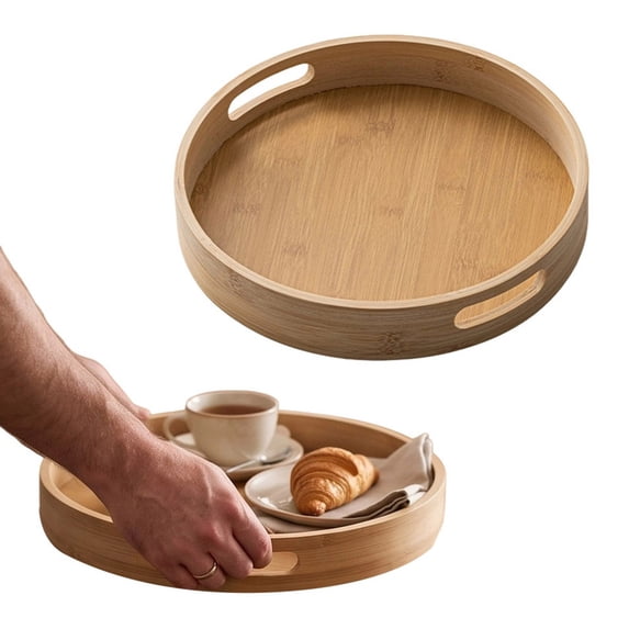 Liaiai 12 inch Round Serving Wooden Tray with Handles, Decorative Ottoman Tray Serving for Serving Beverages & Food on Bar Living Room Home Dining Table,khaki