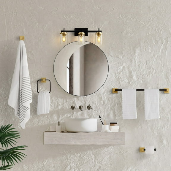 JONATHAN Y Liam 23.25" 3-Light Farmhouse Industrial Vanity Light with Bathroom Hardware Accessory Set, Oil Rubbed Bronze/Gold Painting (5-Piece)