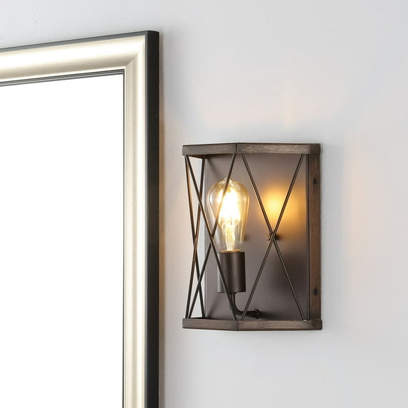 JONATHAN Y Liam 8.25" 1-Light Rustic Farmhouse Iron LED Sconce, Wood Finished/Oil Rubbed Bronze