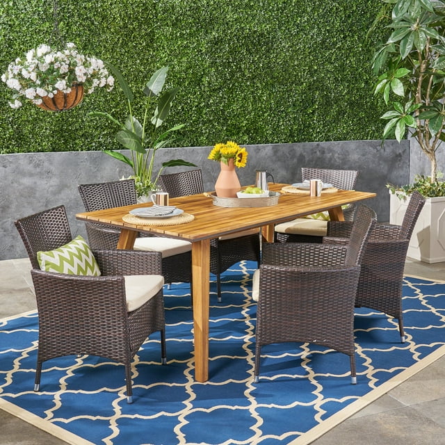 Liam Outdoor 7 Piece Acacia Wood Dining Set with Wicker Chairs, Teak Finish