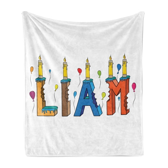Liam Soft Flannel Fleece Blanket, English First Name in a Colorful Letter Style Cake Design with Bite Marks and Candles, Cozy Plush for Indoor and Outdoor Use, 60" x 80", Multicolor, by Ambesonne