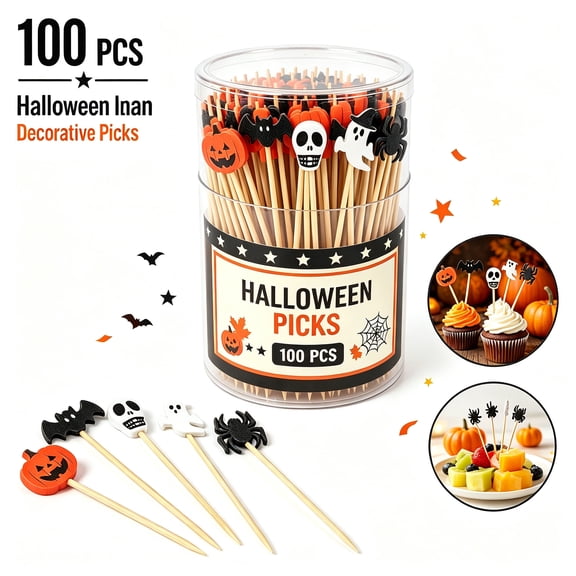 Liamobondopolis 100 Pcs Halloween Pumpkin Ghost Toothpick Flags Cupcake Toppers for Sandwiches Appetizers Cake Cocktail Halloween Party Decor