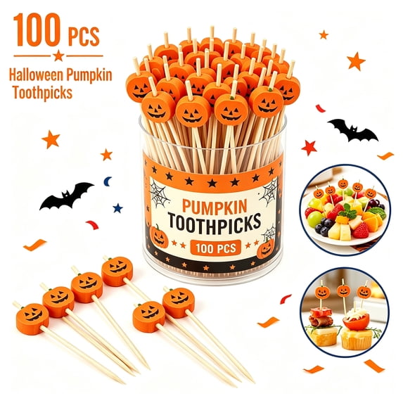 Liamobondopolis 100 Pcs Halloween Pumpkin Toothpick Flags Cupcake Toppers for Sandwiches Appetizers Cake Cocktail Halloween Party Decor