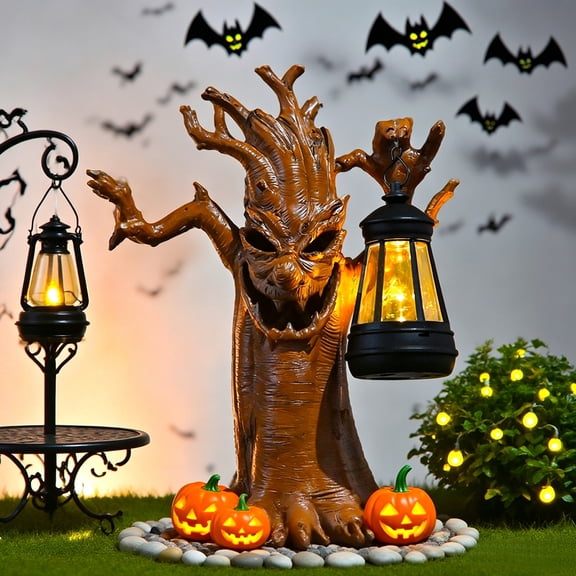 Liamobondopolis 11 Inch Spooky Tree Stump Figurine with LED Lantern Halloween Decor Matte Resin Haunted Statue for Mantel Dining Table Indoor Halloween Party Decorations