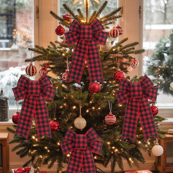 Liamobondopolis 12.5 Inch Red and Black Buffalo Plaid Christmas Bow with Wired Edge, Pre-Made Holiday Tree Topper Bow for Wreaths and Festive Home Decor
