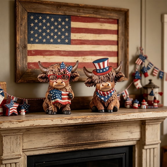 Liamobondopolis 2 Piece Patriotic Highland Cow Figurine Set 4th of July Decor for Home Decor Living Room Desk and Shelf
