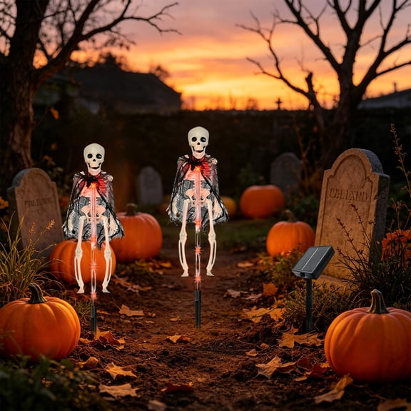 Liamobondopolis 2Pcs Skeleton Solar Garden Stake Lights 27.56 In Waterproof LED Pathway Decor for Halloween Yard Lawn Walkway Outdoor Decor