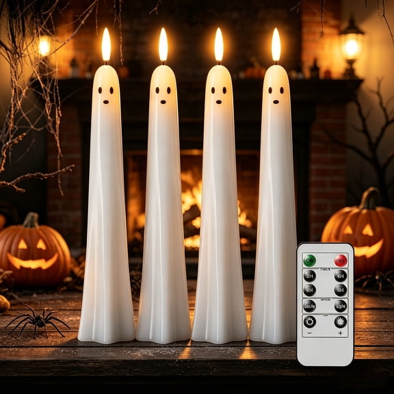 Liamobondopolis 4Pcs Ghost Shaped Taper LED Candle Flicker Simulated Flame Safe Electronic Candlestick Light for Halloween Mantel Tabletop Holiday Decoration 10.63 Inches