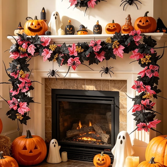 Liamobondopolis 5.7 Ft Black Purple Contrast Maple Halloween Garland Bendable Iron Wire Matte Two Tone Foliage Decor for Fireplace Mantel Front Door Haunted House Farmhouse Display