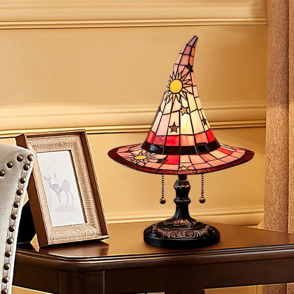 Liamobondopolis 7.87 Inch Tiffany Stained Glass Sun Star Witch Hat Table Lamp Halloween Decor Pink Red Gradient Glass Pull Chain Warm Light for Nightstand Mantel Halloween Party Decorations