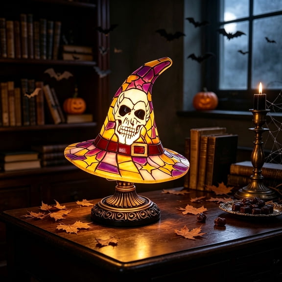 Liamobondopolis 7.87 Inch Tiffany Stained Glass Sun Star Witch Hat Table Lamp Halloween Decor Pink Red Gradient Glass Pull Chain Warm Light for Nightstand Mantel Halloween Party Decorations