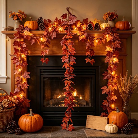 Liamobondopolis Artificial Fall Garland with Maple Leaves, Autumn Foliage Garland for Mantel Fireplace Staircase, Indoor Thanksgiving Harvest Home Decor 5.74 Ft