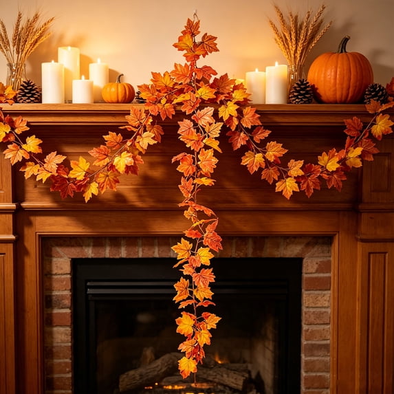 Liamobondopolis Artificial Fall Garland with Mixed Maple Leaves, Multi-Color Autumn Foliage Garland for Mantel Staircase Fireplace, Indoor Thanksgiving Harvest Home Decor, 5.74 Ft