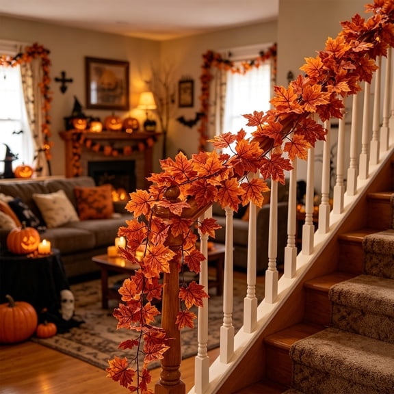 Liamobondopolis Artificial Fall Maple Leaves Garland 6.6 Ft, Rusty Red Autumn Hanging Vine for Thanksgiving Mantel Home Decor