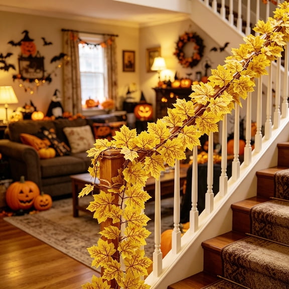 Liamobondopolis Artificial Fall Maple Leaves Garland 78.74 Inch Long Golden Yellow Autumn Hanging Vine for Thanksgiving Halloween Mantel Staircase Home Decor