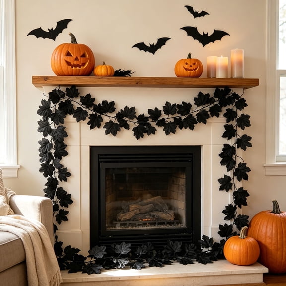 Liamobondopolis Artificial Halloween Garland with Black Maple Leaves, Gothic Spooky Foliage Garland for Mantel Front Door Porch, Indoor Outdoor Halloween Party Home Decor, 6.56 Ft