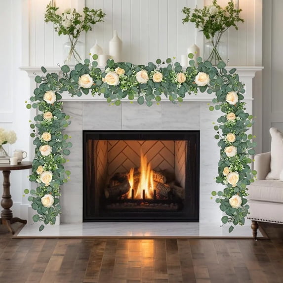 Liamobondopolis Artificial Peony and Eucalyptus Garland for Home Decor Living Room Wedding Fireplace and Table Decor 5.9 Ft