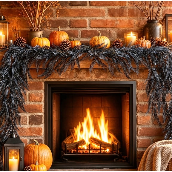 Liamobondopolis Cascading Fern Garland with Black Rust Tone Options Bendable Drooping Vines for Fence Fireplace Front Porch Halloween Fall Decor, 5.91 Ft