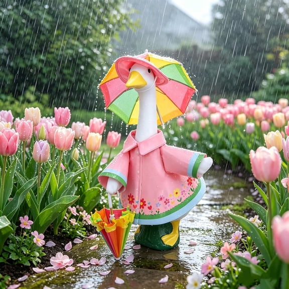 Liamobondopolis Cheerful Floral Rainy Day Porch Goose Outfit with Umbrella for 23 Inch Figurine Front Porch and Spring Decor