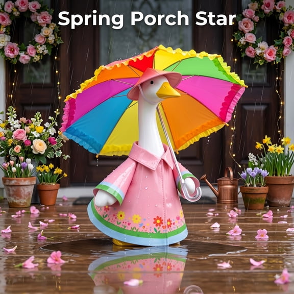 Liamobondopolis Cheerful Floral Rainy Day Porch Goose Outfit with Umbrella for 23 Inch Figurine Front Porch and Spring Decor