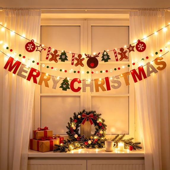 Liamobondopolis Christmas Banner with Lights, Felt Merry Christmas Garland with LED String Lights, Holiday Party Hanging Decor for Mantel Window