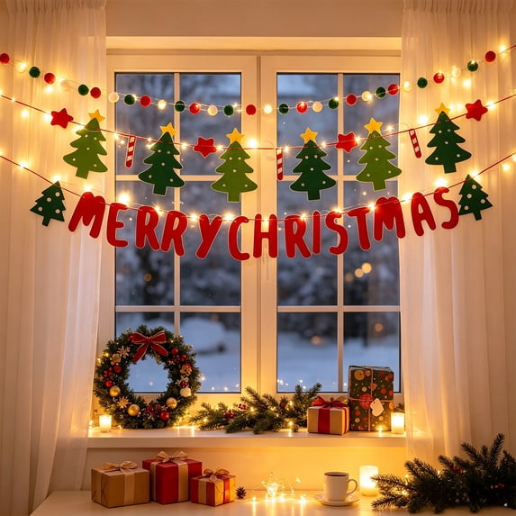 Liamobondopolis Christmas Banner with Lights, Felt Merry Christmas Garland with LED String Lights, Holiday Party Hanging Decor for Mantel Window