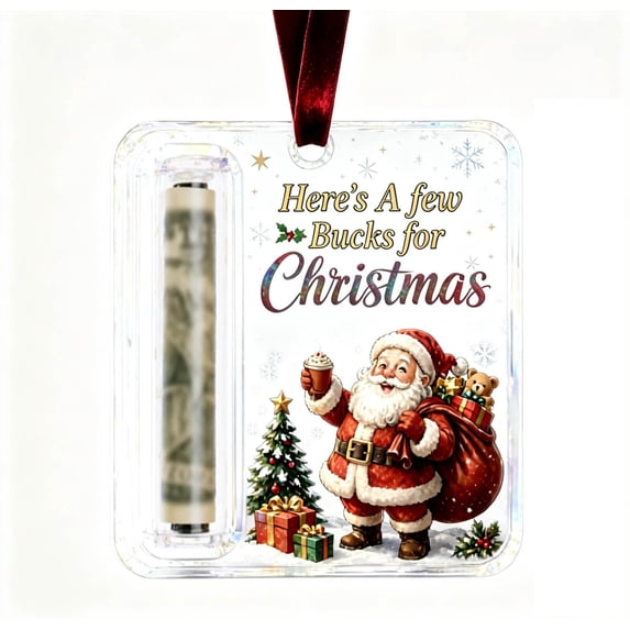 Liamobondopolis Christmas Money Holder Ornament "A Few Bucks", 3.94" Clear Acrylic Cash Gift Pendant with Red Velvet Ribbon, Funny Holiday Tree Decoration for Creative Gifting