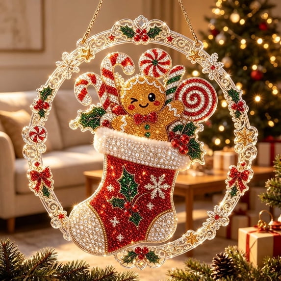 Liamobondopolis Christmas Pearl Art Kit, 3D DIY Gingerbread Man in Stocking Design with Sparkling Pearls and Rhinestones for Adults Home Wall Decor, 7.87 Inches